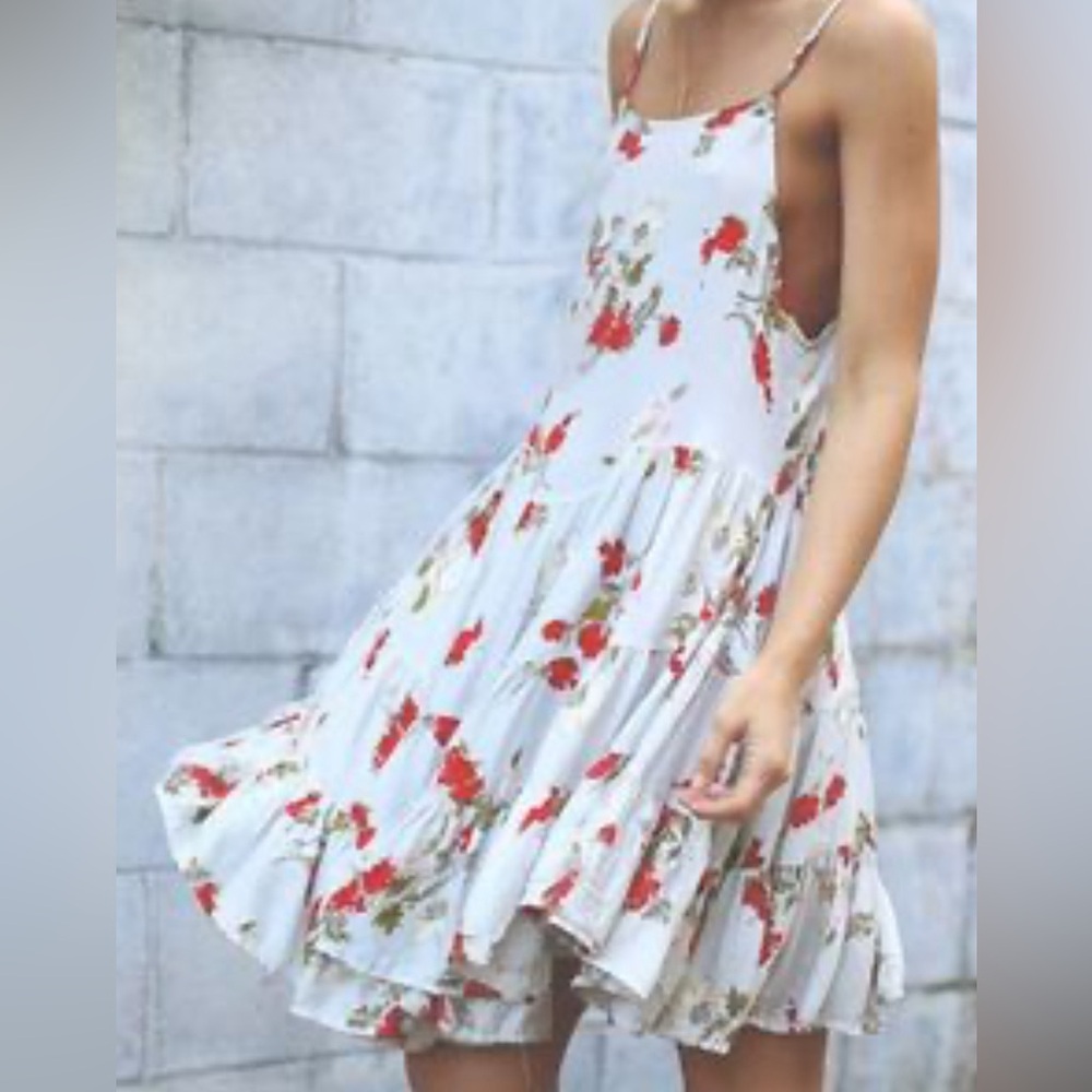 Free People Circle Of Flowers Dress Light Blue/Gray Red Flowers Flowy Me…